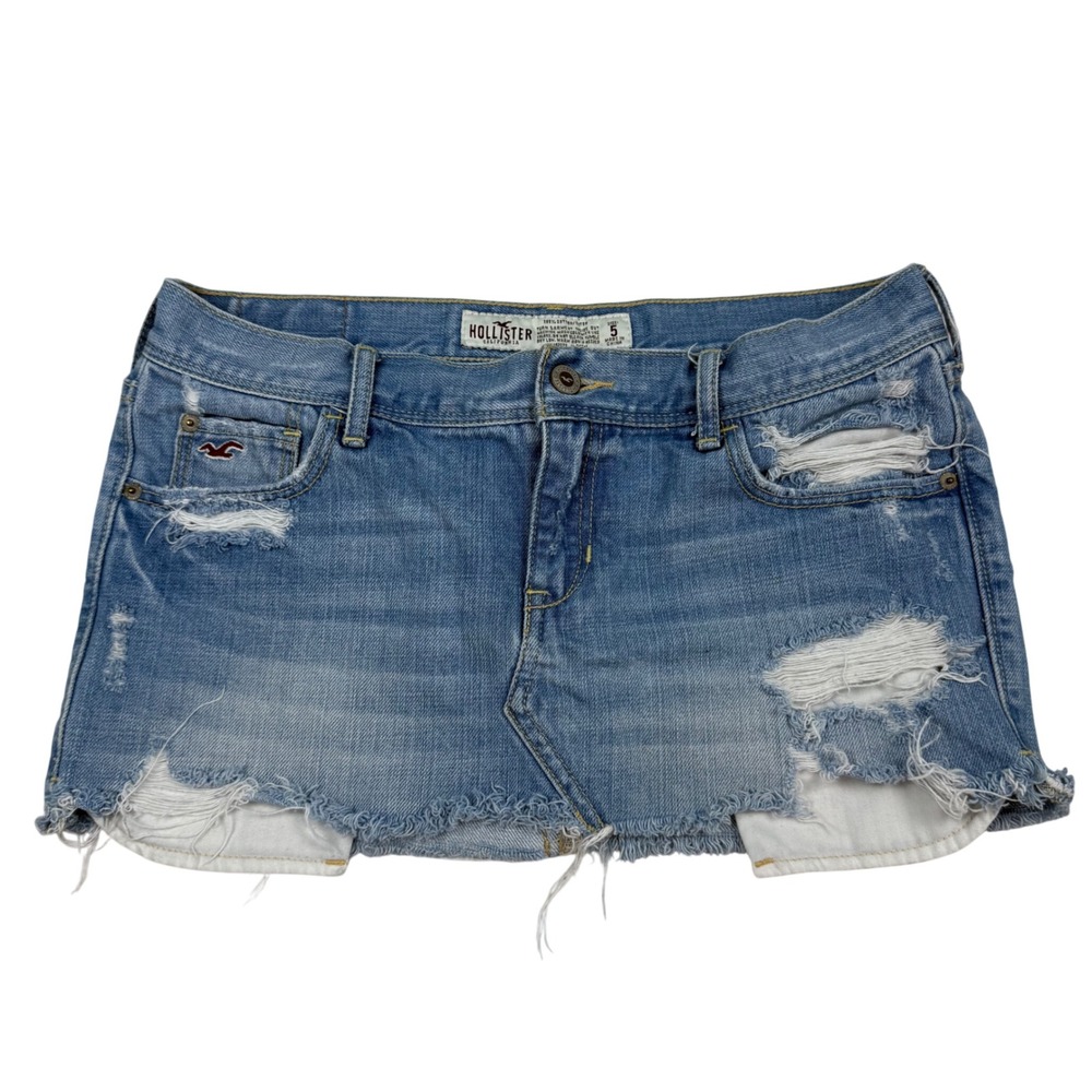VTG Y2K Hollister Distressed Denim Mini Micro Skirt Medium Wash Frayed Hem Sz 5